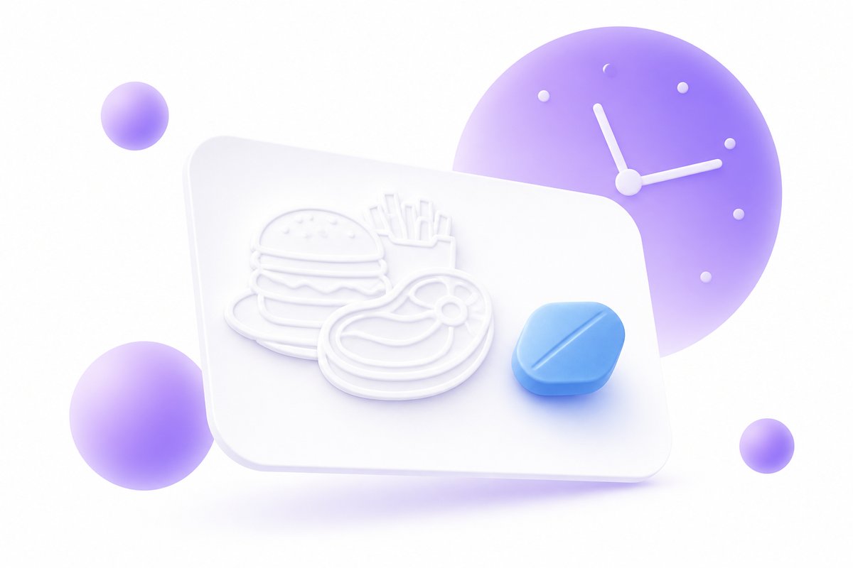 Clock and meal outline beside a 25 mg sildenafil tablet